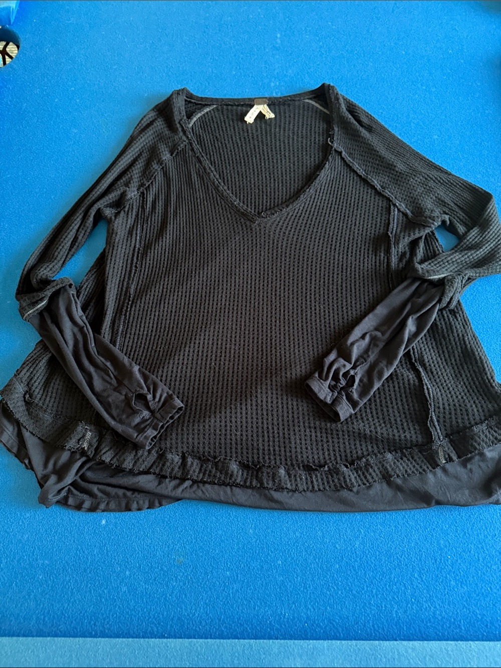 We The Free Black V-Neck Waffle-Knit Layered Long Sleeve Top